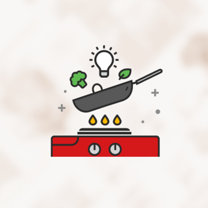 Illustration of a frying pan on a red stove with flames, vegetables, and a light bulb above.